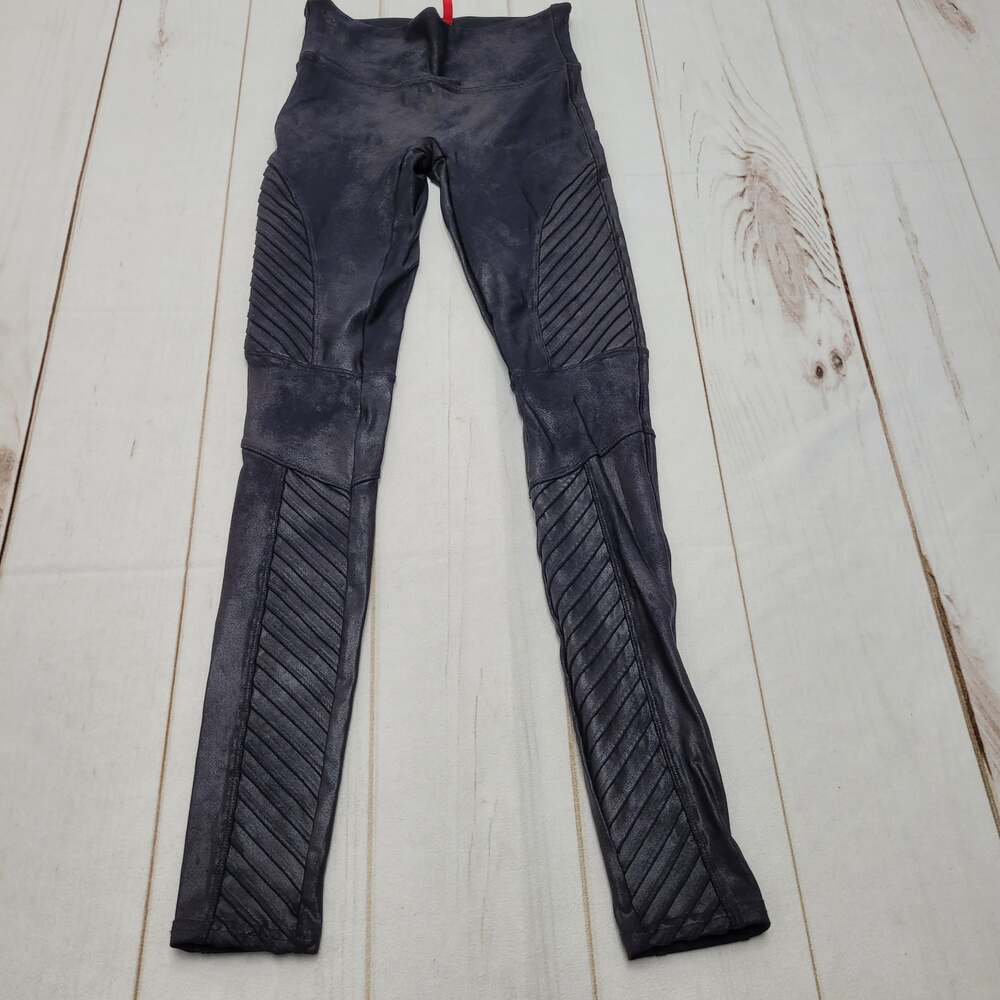 Spanx black moto leggings high rise grunge motorcycle crackle metallic xs